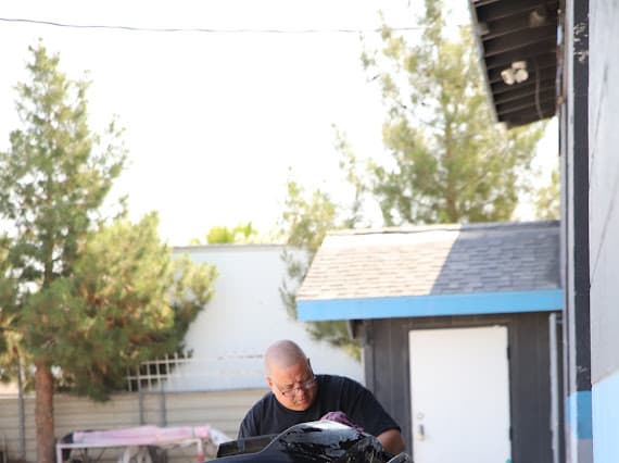 Outdoor auto body repair work at Best Class Auto Body Las Vegas Nevada