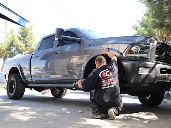 Truck outdoor auto body repair at Best Class Auto Body Las Vegas